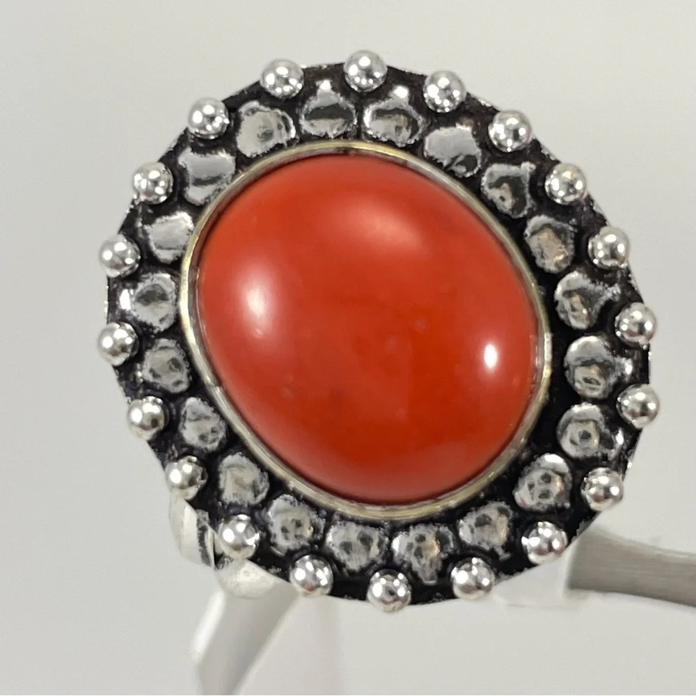 Beautiful Boho Artisan Red Jasper Silver Patina Statement Ring Sz 10